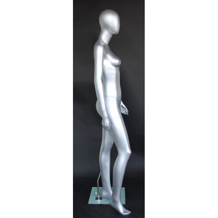 SFW46E-ST - Matte Silver Egg Head Female Mannequin Right Leg Forward