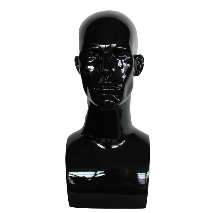 MH9-HB - 19 in Glossy Black Featured Face Male Head Mannequin