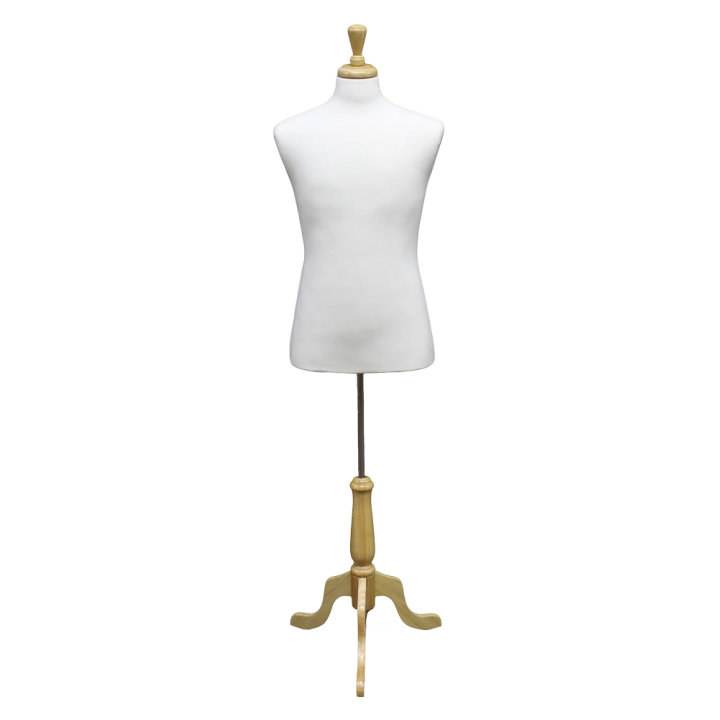 MDF61W-FR - Size M White Male Dress form mannequin wooden tripod base