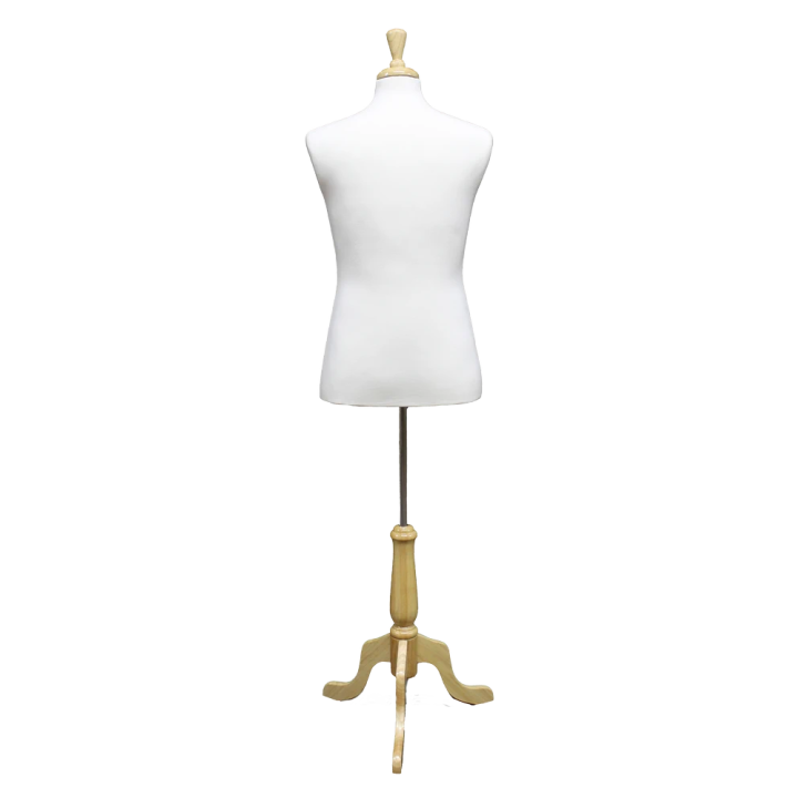 MDF61W-FR - Size M White Male Dress form mannequin wooden tripod base
