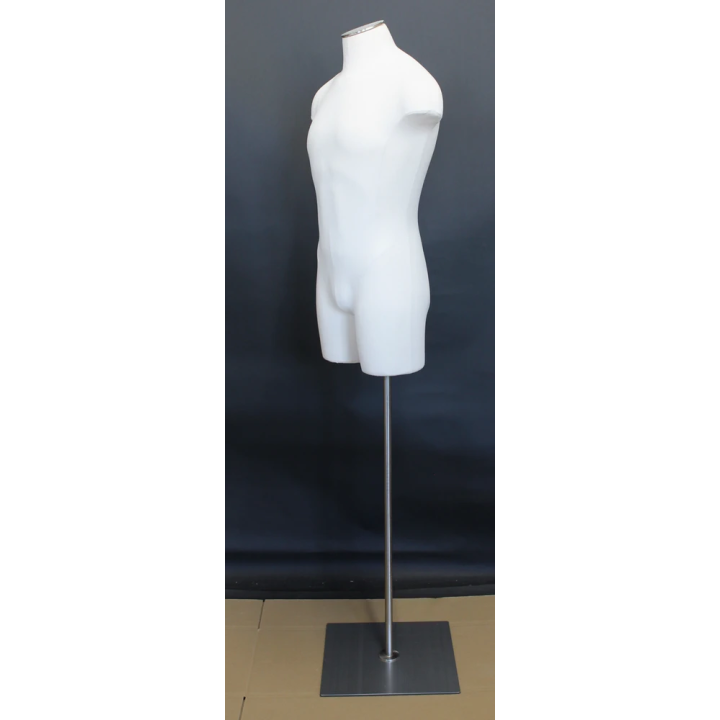 MDF4-WM - Size L White Linen 3Q Male Body form mannequin Metal Neck Base