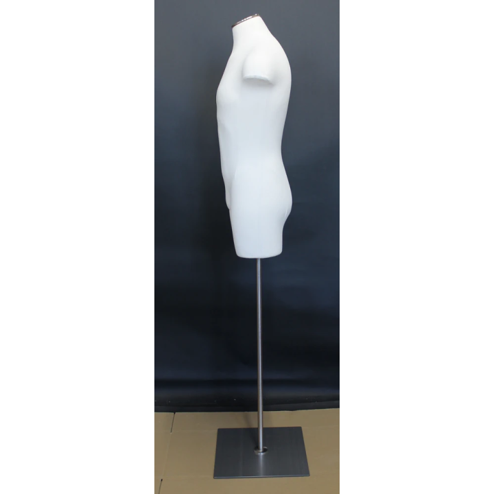 MDF4-WM - Size L White Linen 3Q Male Body form mannequin Metal Neck Base