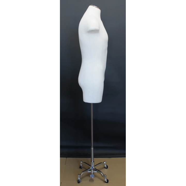 MDF4-DMB-CH - White Linen Male 3Q Body form mannequin 4 Wheel Chrome Base