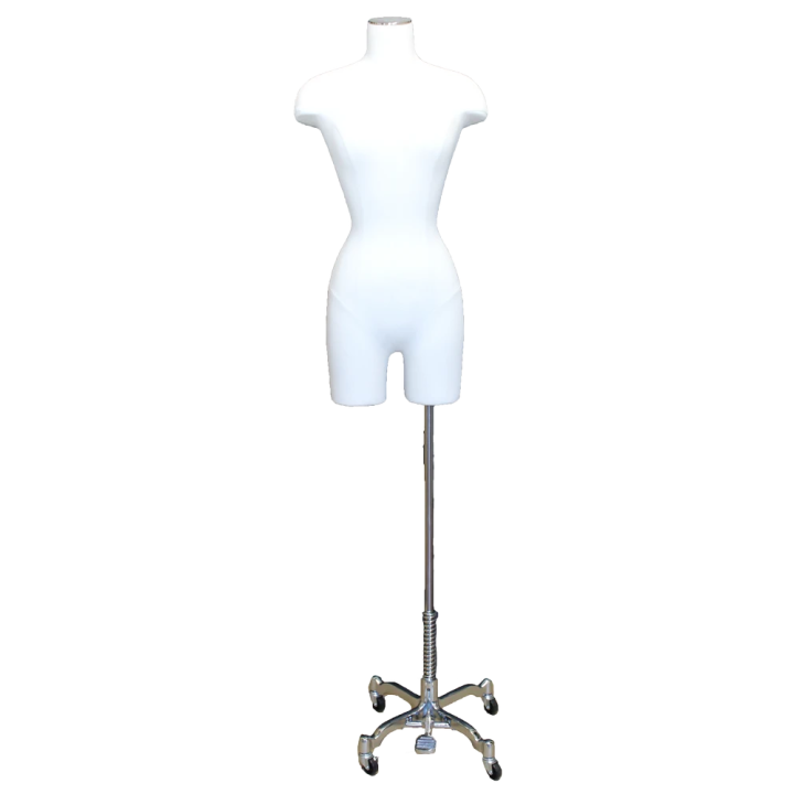 BF4-DMB-CH - White Linen Female 3Q Body form mannequin Chrome 4 Wheel Base