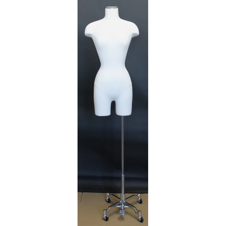 BF4-DMB-CH - White Linen Female 3Q Body form mannequin Chrome 4 Wheel Base