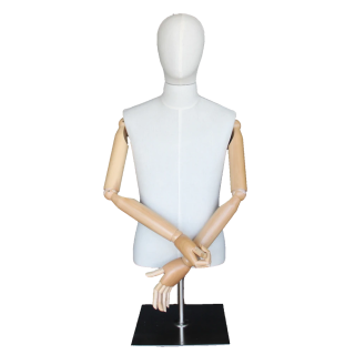BFMH-1SM - White Linen Male Half Body mannequin with wooden Arms Metal Base