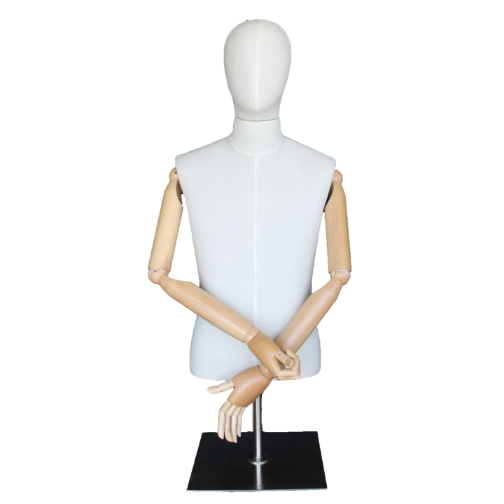 BFMH-1SM - White Linen Male Half Body mannequin with wooden Arms Metal Base