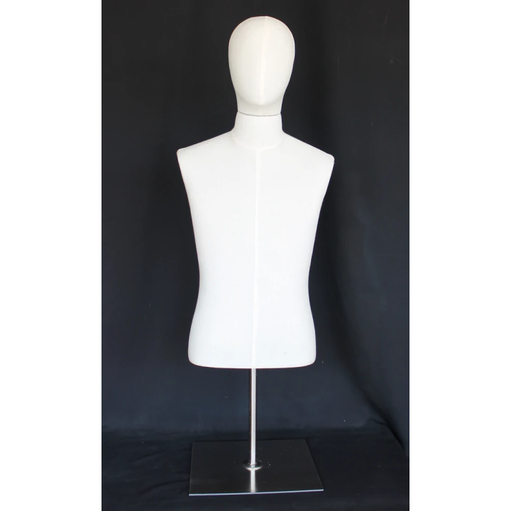 BFMH-1SM - White Linen Male Half Body mannequin with wooden Arms Metal Base