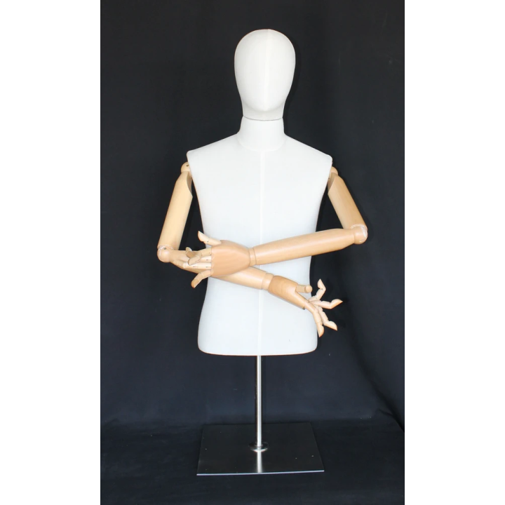 BFMH-1SM - White Linen Male Half Body mannequin with wooden Arms Metal Base