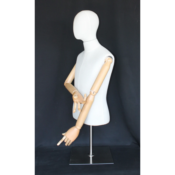 BFMH-1SM - White Linen Male Half Body mannequin with wooden Arms Metal Base