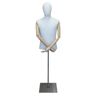 BFMH-1WM - White Linen Male Half Body mannequin with wooden Arms Floor Metal Base