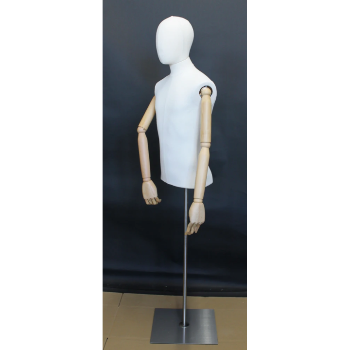 BFMH-1WM - White Linen Male Half Body mannequin with wooden Arms Floor Metal Base