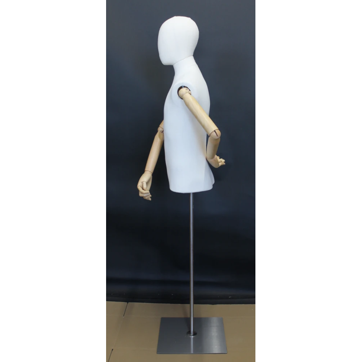 BFMH-1WM - White Linen Male Half Body mannequin with wooden Arms Floor Metal Base