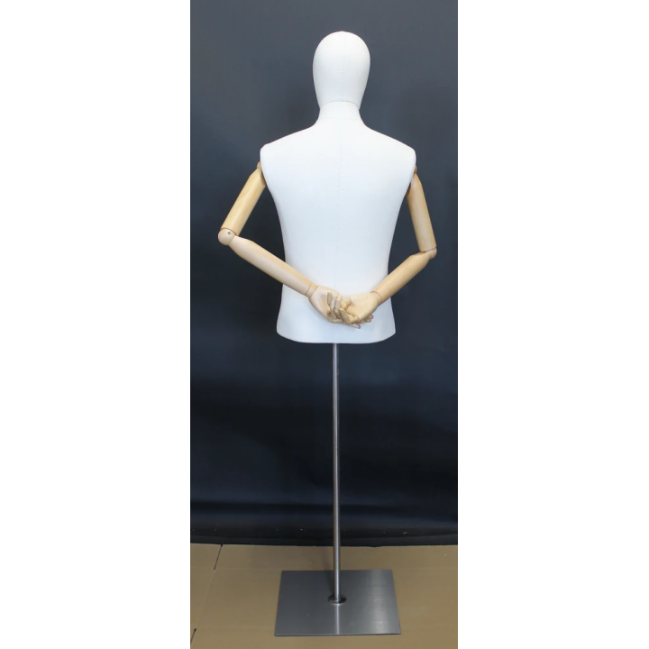 BFMH-1WM - White Linen Male Half Body mannequin with wooden Arms Floor Metal Base