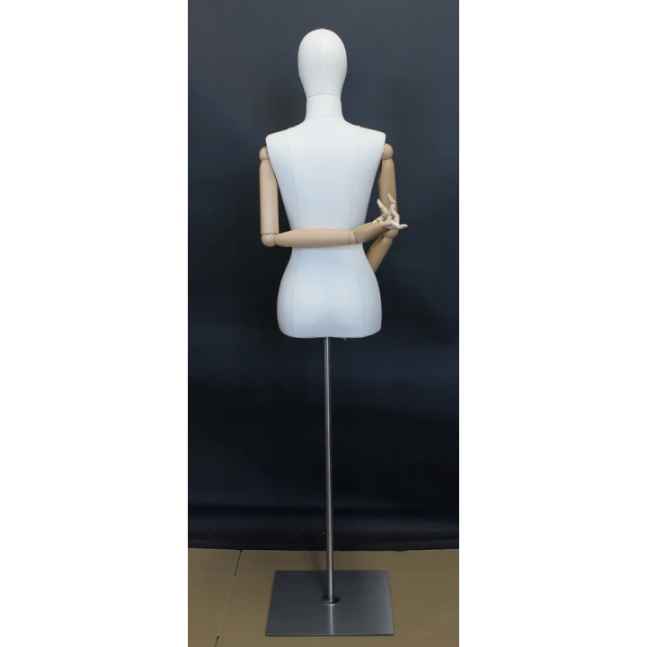 BFWH-1WM - White Linen Female Half Body mannequin wooden Arms Floor Metal Base