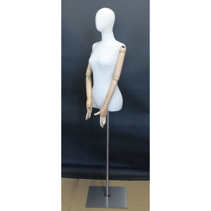 BFWH-1WM - White Linen Female Half Body mannequin wooden Arms Floor Metal Base