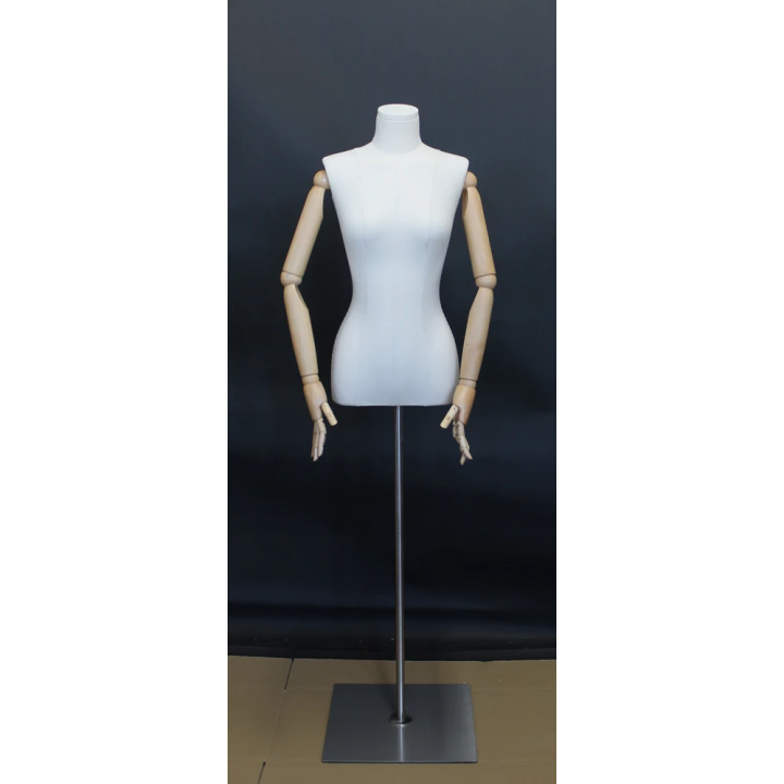 BFWH-1WM - White Linen Female Half Body mannequin wooden Arms Floor Metal Base