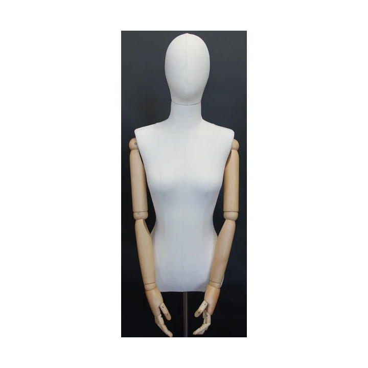 BFWH-1WM - White Linen Female Half Body mannequin wooden Arms Floor Metal Base