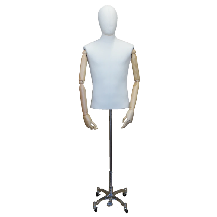 BFMH-1-DMB-CH - Linen Covered Male Half Body mannequin Wooden Arms 4 Wheel Chrome Base