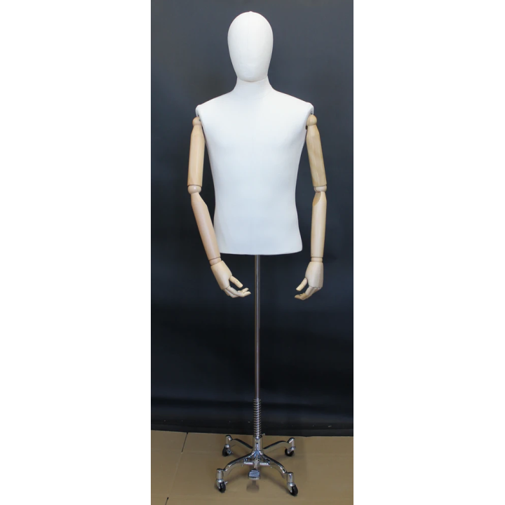 BFMH-1-DMB-CH - Linen Covered Male Half Body mannequin Wooden Arms 4 Wheel Chrome Base