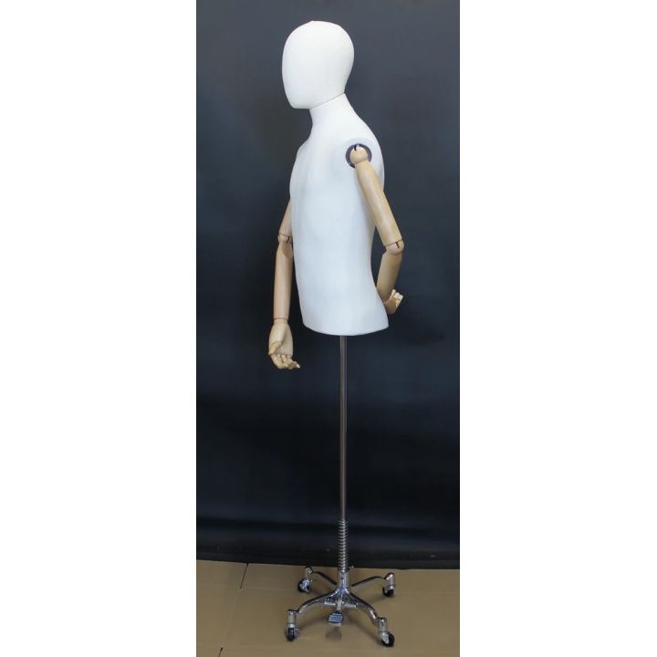 BFMH-1-DMB-CH - Linen Covered Male Half Body mannequin Wooden Arms 4 Wheel Chrome Base