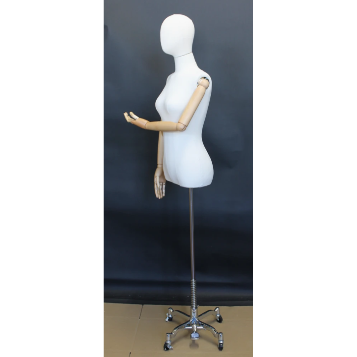 BFWH-1-DMB-CH - White Female Half Body mannequin Wooden Arms 4 Wheel Chrome Base