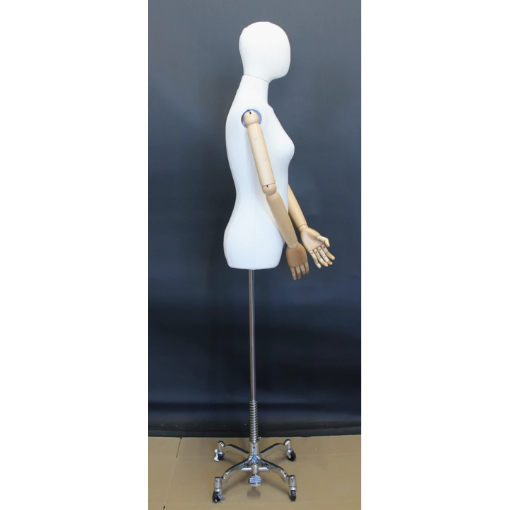 BFWH-1-DMB-CH - White Female Half Body mannequin Wooden Arms 4 Wheel Chrome Base