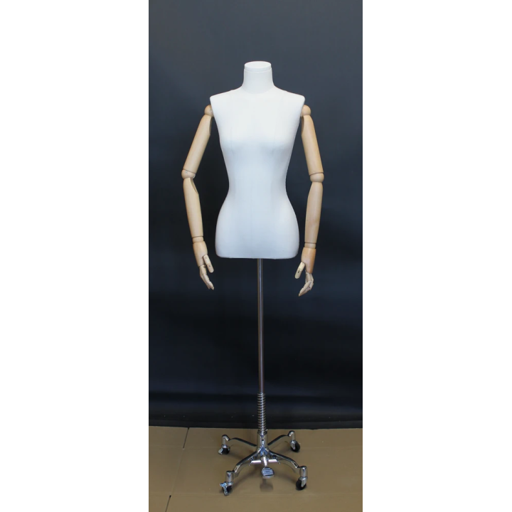BFWH-1-DMB-CH - White Female Half Body mannequin Wooden Arms 4 Wheel Chrome Base