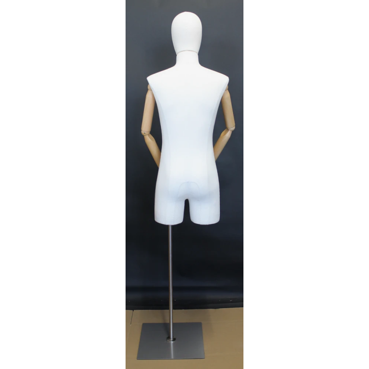 BFMH-2WM - White Linen Male 3Q Body Form mannequin with Head Wooden Arms Floor Metal Base