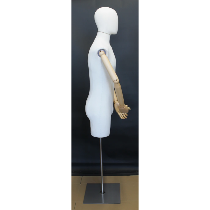 BFMH-2WM - White Linen Male 3Q Body Form mannequin with Head Wooden Arms Floor Metal Base