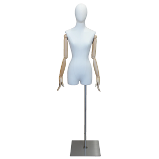 BFWH-2WM - White Linen Female 3Q Body mannequin Egg Head Wooden Arms Floor Metal Base