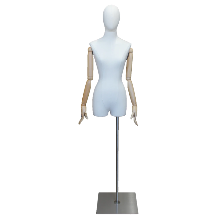 BFWH-2WM - White Linen Female 3Q Body mannequin Egg Head Wooden Arms Floor Metal Base