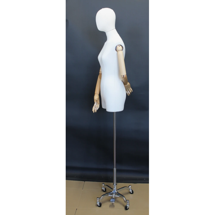 BFWH-2WM - White Linen Female 3Q Body mannequin wooden Arms 4 wheel Chrome base