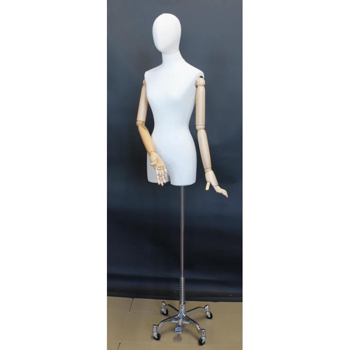 BFWH-2WM - White Linen Female 3Q Body mannequin wooden Arms 4 wheel Chrome base