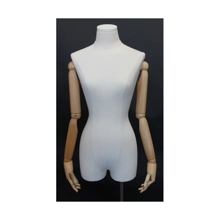 BFWH-2WM - White Linen Female 3Q Body mannequin wooden Arms 4 wheel Chrome base