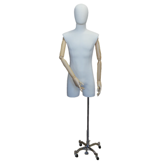 BFMH-2-DMB-CH - White Linen Male 3Q Body Form mannequin with Head Wooden Arms Chrome 4 Wheel Base
