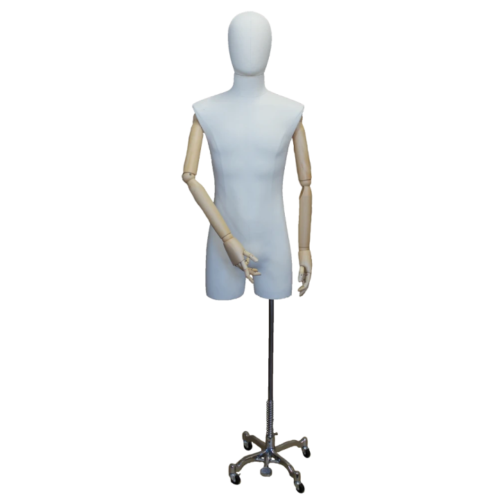 BFMH-2-DMB-CH - White Linen Male 3Q Body Form mannequin with Head Wooden Arms Chrome 4 Wheel Base