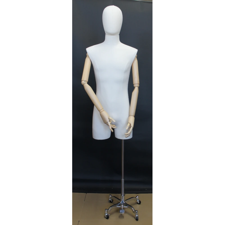 BFMH-2-DMB-CH - White Linen Male 3Q Body Form mannequin with Head Wooden Arms Chrome 4 Wheel Base