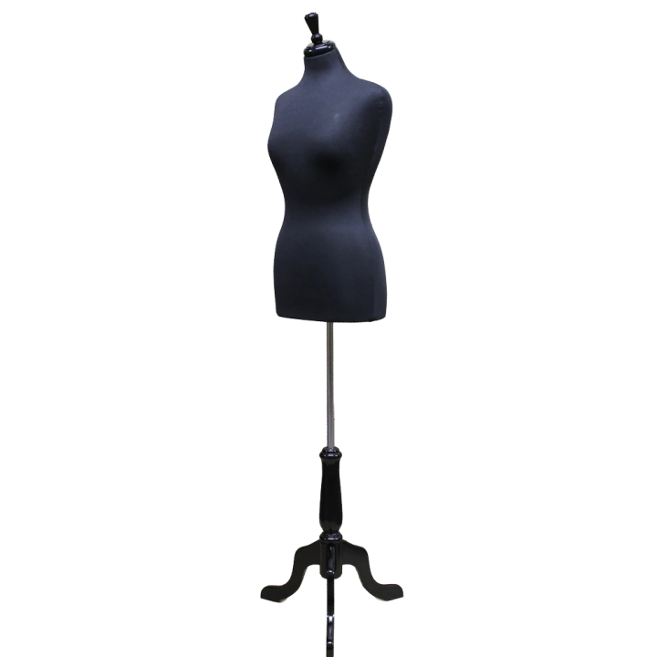 B68B-BK - Size 8/10 Black Female Dress form mannequin Black wooden tripod base