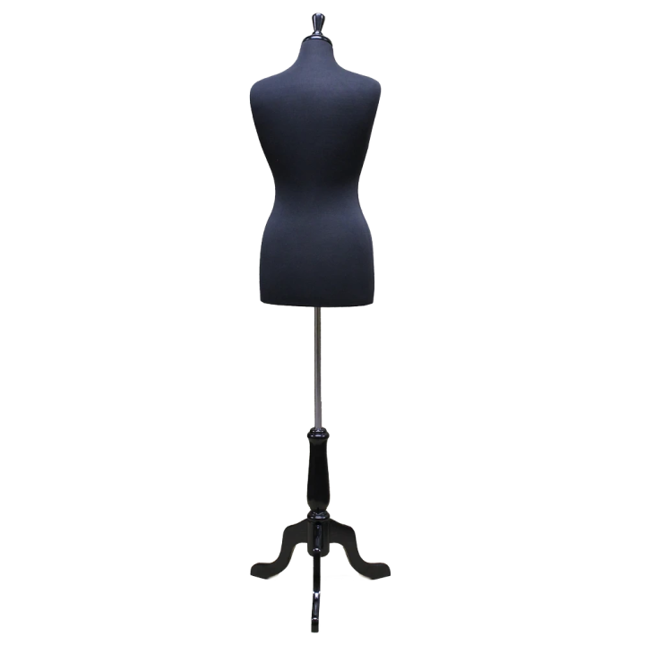 B68B-BK - Size 8/10 Black Female Dress form mannequin Black wooden tripod base