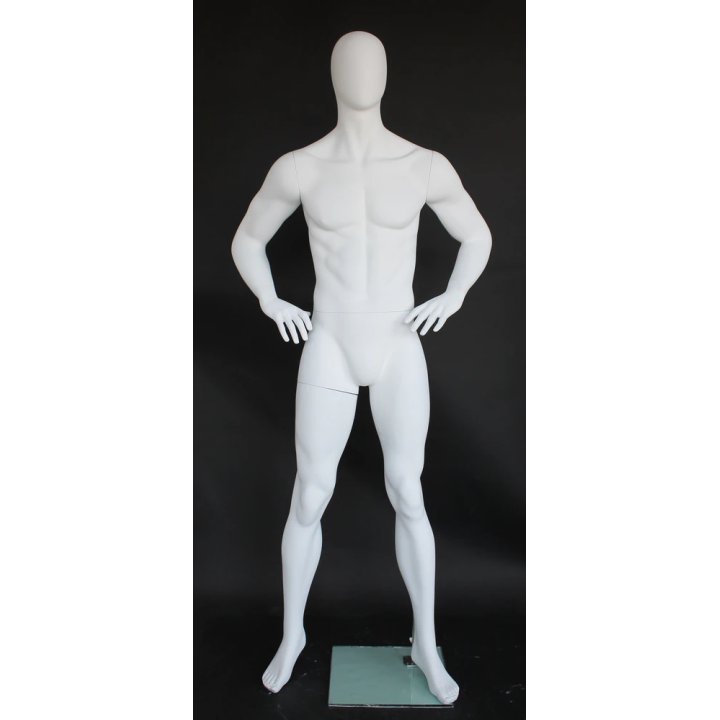 SFM62E-WT - 6 ft 3 in Male Mannequin Hands on Hips Egg head Matte white