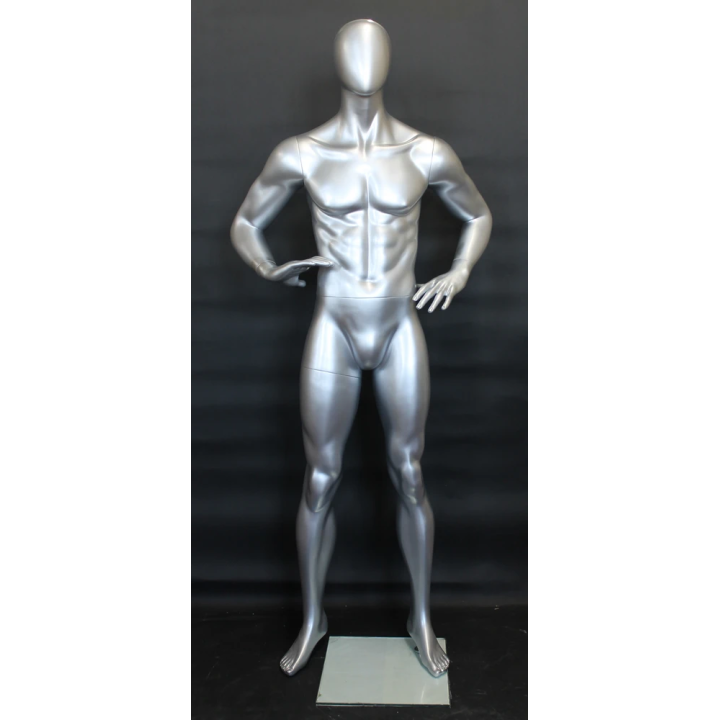 SFM62E-ST - 6 ft 3 in Male Mannequin Athletic Matte Silver Egg head Hands on Hips