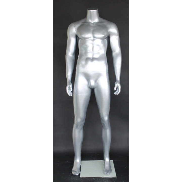 STM051-ST - 5 ft 9 in Matte Silver Muscular Headless Male Mannequin